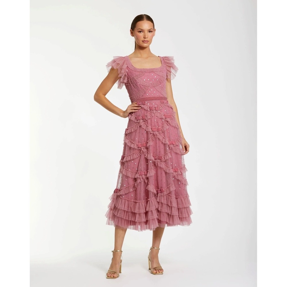 NWT Mac Duggal [ 4 ] 8272 Flutter Sleeve Lattice Bow Mesh Ruffle Mid Dress J2403